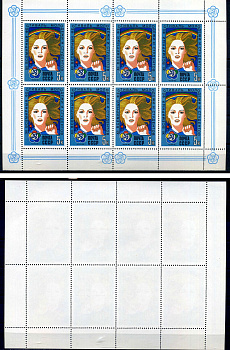 СССР лист из 8 марок 5 копеек 1985 XIII Всемирный фестиваль молодежи и студентов (Москва) - девушка на фоне радио Загорский MS5545 марка с оригинальным клеем, без следов наклейки (чистая) 8705-92-1-2