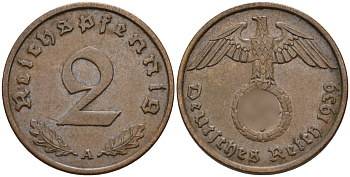Германия 2 рейхспфеннига 1939 A KM 90, J. 362 бронза 4151-137