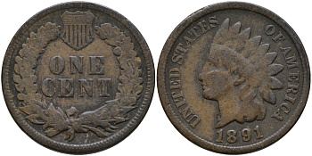 США 1 ЦЕНТ 1891 ИНДЕЕЦ KM 90а бронза 4396-345