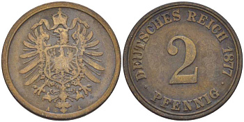 ГЕРМАНИЯ 2 ПФЕННИГА 1877 A, СТАРОГЕРБОВКА KM 2, J. 2, Weege 3 медь 212-724