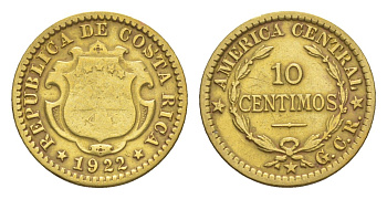 Коста-Рика 10 сентимо 1922 KM 152 латунь 4644-331