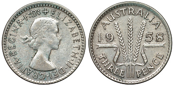 Австралия 3 пенса 1957 m, Елизавета II (1952-2022) KM 57 серебро 71-549