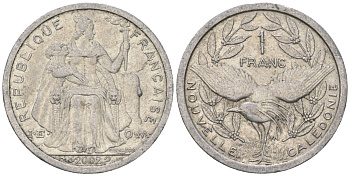 Французская Новая Каледония 1 франк 2002 птица кагу, (IEOM) KM 10, Schoen 10, Lec 52g алюминий 45-1042