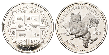 Непал 500 рупий 1992 Вымирающие виды - Красная панда KM 1090 серебро PROOF 11-073-42