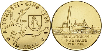 Германия медаль 1991 АВТОМОБИЛЬНОГО КЛУБА ADAC, В ПАМЯТЬ ОТКРЫТИЯ ДВИЖЕНИЯ ПО РЕКЕ EMS, 17 МАЯ 1991 года, диаметр 50 мм. жёлтый металл 05-141-14