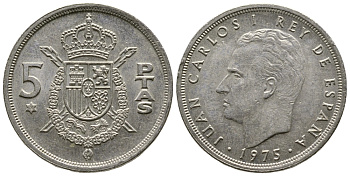 Испания 5 песет 1975 (76) Хуан Карлос I (1975-2014) KM 807 медно-никель 4610-227