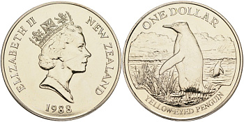 Новая Зеландия 1 доллар 1988 желтоглазый пингвин, Елизавета II (1952-2022) KM 66 медно-никель UNC 00-00