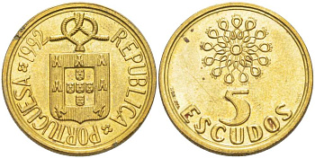 ПОРТУГАЛИЯ 5 ЭСКУДО 1992 KM 632 никель латунь XF+ 4513-1125