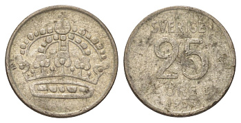 Швеция 25 эре 1955 Густав VI Адольф (1950-1973) KM 824 серебро 4625-426