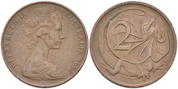 АВСТРАЛИЯ 2 ЦЕНТА 1974 ЕЛИЗАВЕТА II, МОЛОДОЙ ПОРТРЕТ, ПЛАЩЕНОСНАЯ ЯЩЕРИЦА (FRILLED LIZARD) KM 63 бронза 175-256