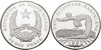 Гвинея-Бисау 10000 песо 1992 XXV Олимпийские игры 1992 года в Барселоне, гимнастка, гимнастка с мячем KM 30 серебро PROOF 1098-2-32