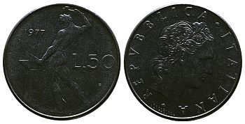 ИТАЛИЯ 50 ЛИР 1977 R, БОГ ОГНЯ ВУЛКАН У НАКОВАЛЬНИ KM 95.1 нержавеющая сталь 4384-1122