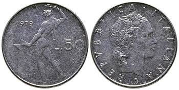 Италия 50 лир 1979 R, бог огня Вулкан у наковальни KM 95.1 нержавеющая сталь    4606-136