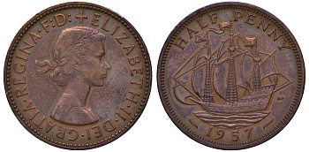 Великобритания 1/2 пенни 1957 Елизавета II (1952-2022) KM 896, Spink 4158 бронза 4122-824