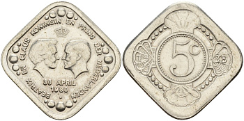 Нидерланды 5 центов 1980 Беатрикс и Клаус - Королева и Принц Нидерландов /портреты лицом друг к другу/ X 7 медь цинк никель 4141-135