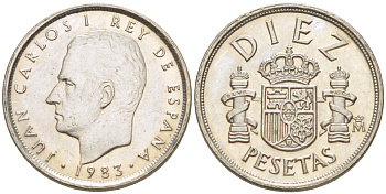 ИСПАНИЯ 10 ПЕСЕТ 1983 ХУАН КАРЛОС I ( 1975-) KM 827 медно-никель XF4181-1039