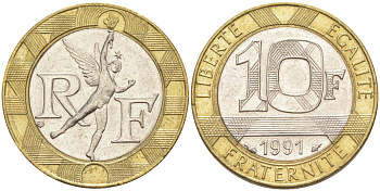 Франция 10 франков 1991 тип гений Бастилии KM 964.1, Le Frank 375.6 биметалл 4519-311