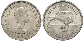 Новая Зеландия 1 флорин 1965 Елизавета II (1952-2022), птичка киви KM 28.2 медно-никель XF-UNC 51-817