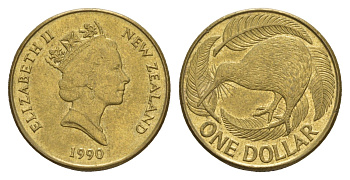 Новая Зеландия 1 доллар 1990 Елизавета II (1952-2022), птица киви KM 78 алюминиевая бронза 4650-823