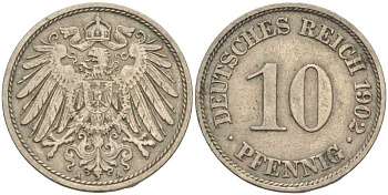 ГЕРМАНИЯ 10 ПФЕННИГОВ 1902 A KM 12, J. 13 медно-никель 4401-1243