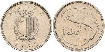 Мальта 10 центов 1992 золотая макрель KM 96 медно-никель 4588-235