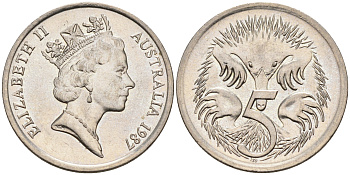 АВСТРАЛИЯ 5 ЦЕНТОВ 1987 ЕЛИЗАВЕТА II, ВТОРОЙ ПОРТРЕТ В КОРОНЕ, ЕХИДНА KM 80 медно-никель 4564-226
