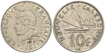 Французская Новая Каледония 10 франков 2007 рыбачья парусная лодка, (IEOM) KM 11a, Schoen 13a, Lec 99k медно-никель 56-1012