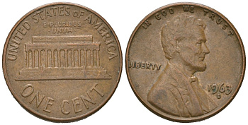 США 1 цент 1963 D, Авраам Линкольн KM 201 медь цинк 220-843