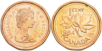 КАНАДА 1 ЦЕНТ 1984 КЛЕНОВЫЙ ЛИСТ, ЕЛИЗАВЕТА II (1953-) KM 132 бронза 39-1115