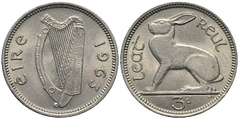 Ирландия 3 пенса 1963 заяц KM 12a медно-никель 4164-463