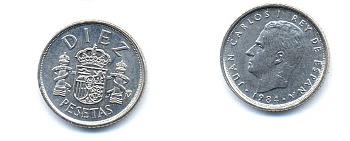 ИСПАНИЯ 10 ПЕСЕТ 1984 KM 827 медно-никель 54-1932