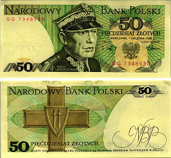 Польша 50 злотых 1988 Кароль Сверчевский, знак Грюнвальдского ордена Pick 142 c бумага аUNC 8607-73-3-1