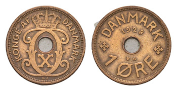 Дания 1 эре 1928 N, Кристиан X (1912-1947) KM 826 бронза 4658-139