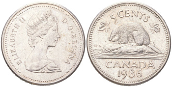Канада 5 центов 1986 Елизавета II, бобер KM 60.2a медно-никель 4611-522