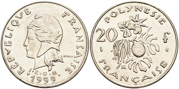 Французская Полинезия 20 франков 1999 KM 9 никель 4131-1011