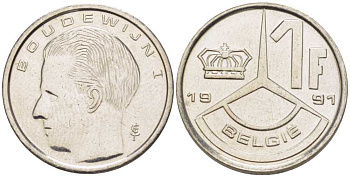 БЕЛЬГИЯ 1 ФРАНК 1991 BELGIE, БОДУЭН I (1951-1993) KM 171 железо плакированное никелем 206-227