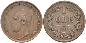 Швеция 1 эре 1866 L.A., Карл XV (1859-1872) KM 750 (490) бронза 116-1121