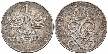 Швеция 1 эре 1942 Густав V (1907-1950) KM 810 железо 187-163