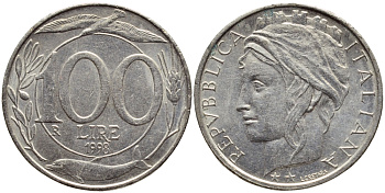 ИТАЛИЯ 100 ЛИР 1998 R KM 159 медно-никель 4397-541