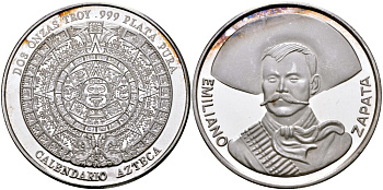 Мексика 2 унции ND АЦТЕКСКИЙ КАЛЕНДАРЬ, ЭМИЛИО ЦАПАТА (EMILIANO ZAPATA), диаметр 48 ММ., ВЕС 2 ТРОЙСКИЕ УНЦИИ серебро PROOF 00-00