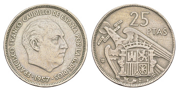 Испания 25 песет 1957 (64) Франциско Франко (1939-1975) KM 787 медно-никель 4650-131