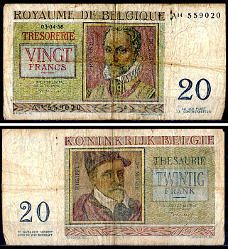 Бельгия 20 франков 1956 Pick 132 b бумага 6300-29-1-2