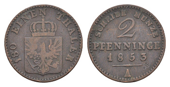 Пруссия 2 пфеннига 1853 A, Фридрих Вильгельм IV (1840-1861) KM 452, Jaeger 51, Olding 336, AKS 91 медь 4651-269