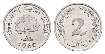 Тунис 2 миллима 1960 год-тип, пробковый дуб KM 281 алюминий UNC 4682-654