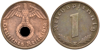 Германия 1 рейхспфенниг 1938 E KM 89, J. 361 бронза 4567-1061