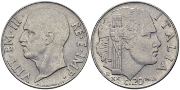 ИТАЛИЯ 20 ЧЕНТЕЗИМО 1942 R, XX ГОД, ВИКТОР ИМАНУИЛ III, МАГНИТНАЯ KM 75b нержавеющая сталь 28-121
