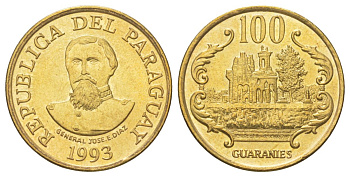 Парагвай 100 гуарани 1993 KM 177a сталь плакированная латунью UNC 4624-157