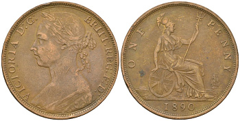 Великобритания 1 пенни 1890 Виктория (1837-1901) KM 755, Spink 3954 бронза    4590-946