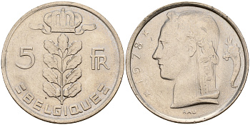 Бельгия 5 франков 1978 Belgique KM 134.1 медно-никель  UNC  4187-245