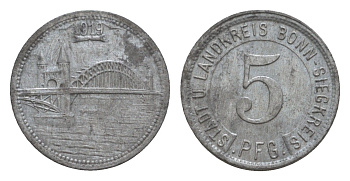 Бонн и Зигкрайс 5 пфеннигов 1919 Funck 52.5, Men05 3225.1, Men18 4140.1 цинк 4659-237